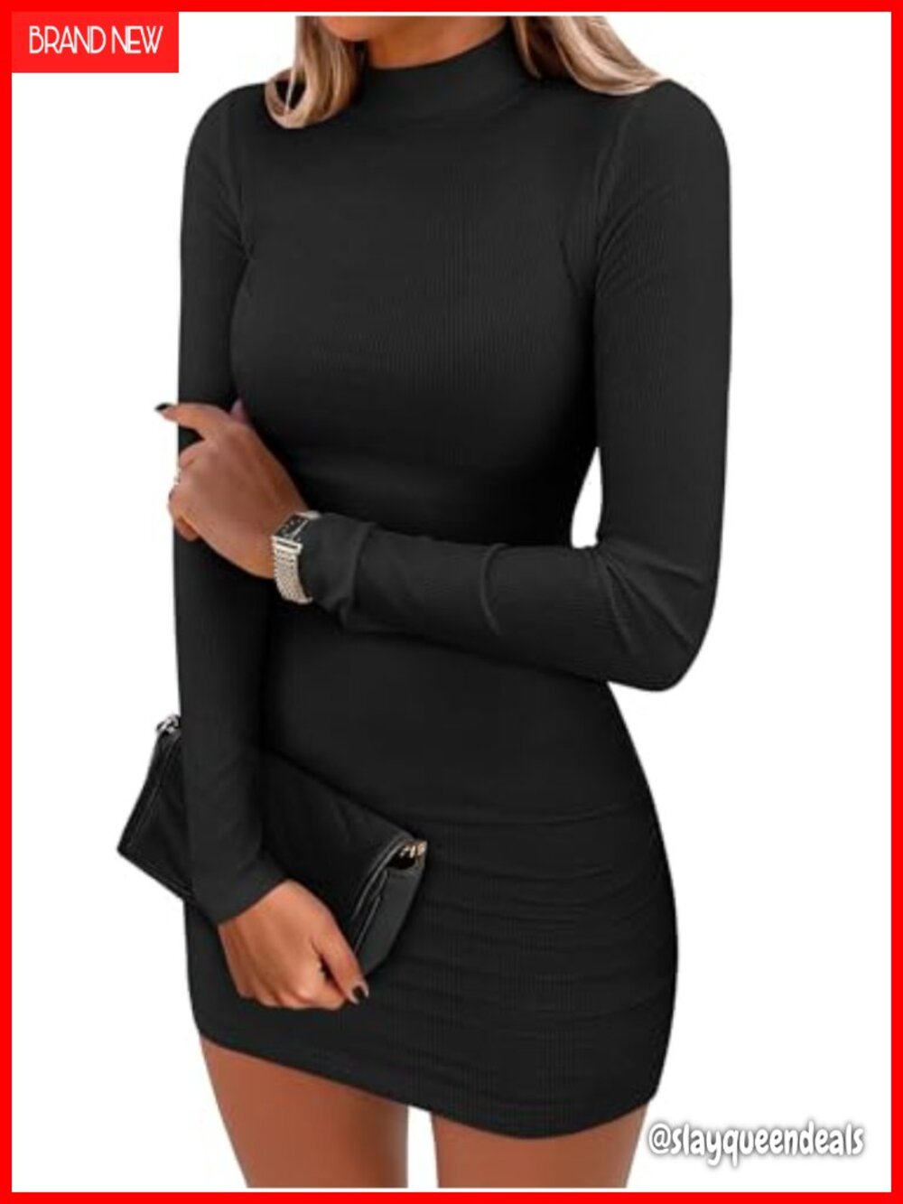 Women's Mock Neck Long Sleeve Ribbed Knit Mini Bodycon Dress Slim Fit